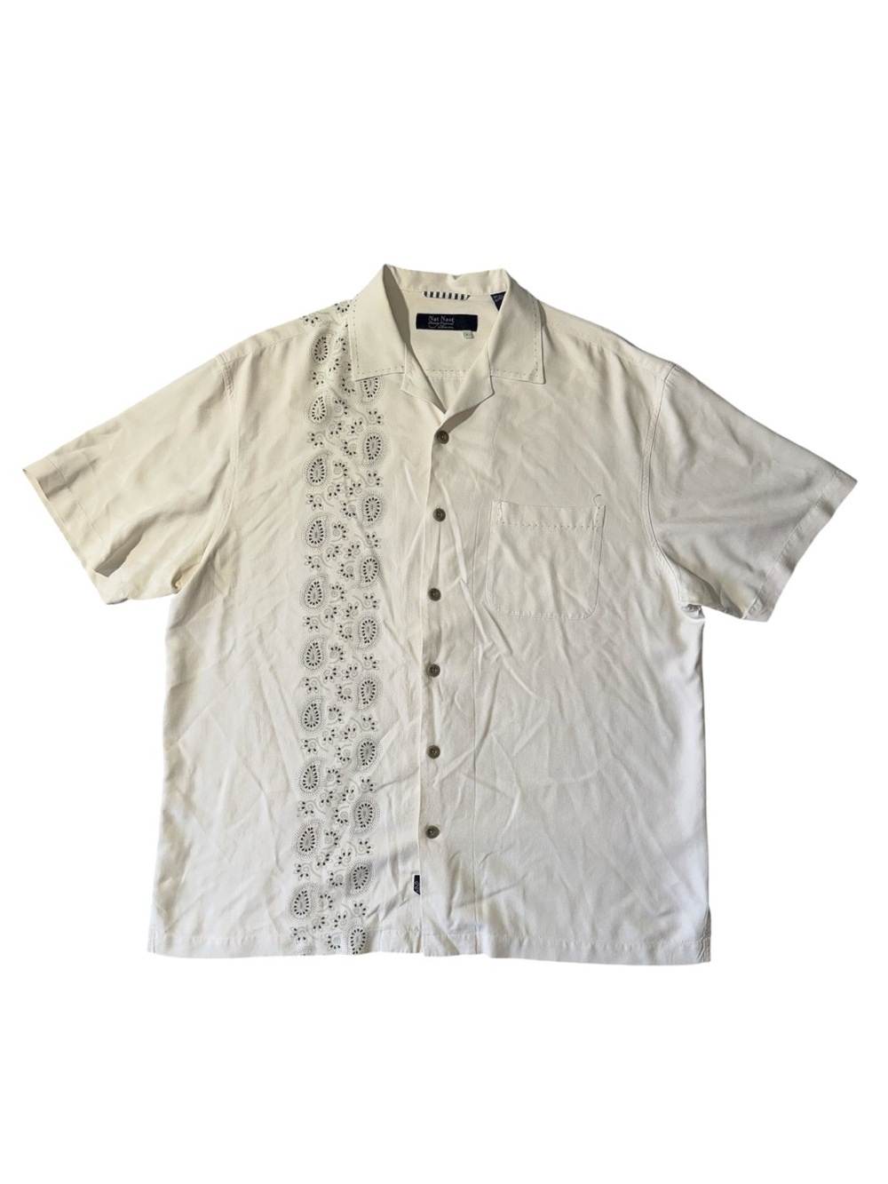 Nat Nast mens L Large white paisley 100% silk camp collar Hawaiian shirt EUC